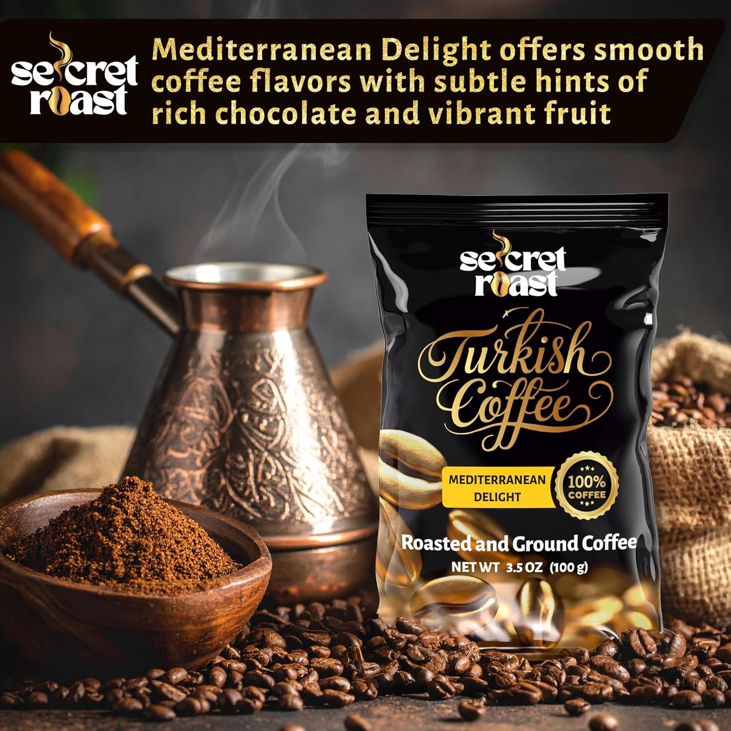 Secret Roast Turkish Coffee Mediterranean Delight styled with copper cezve and freshly ground coffee