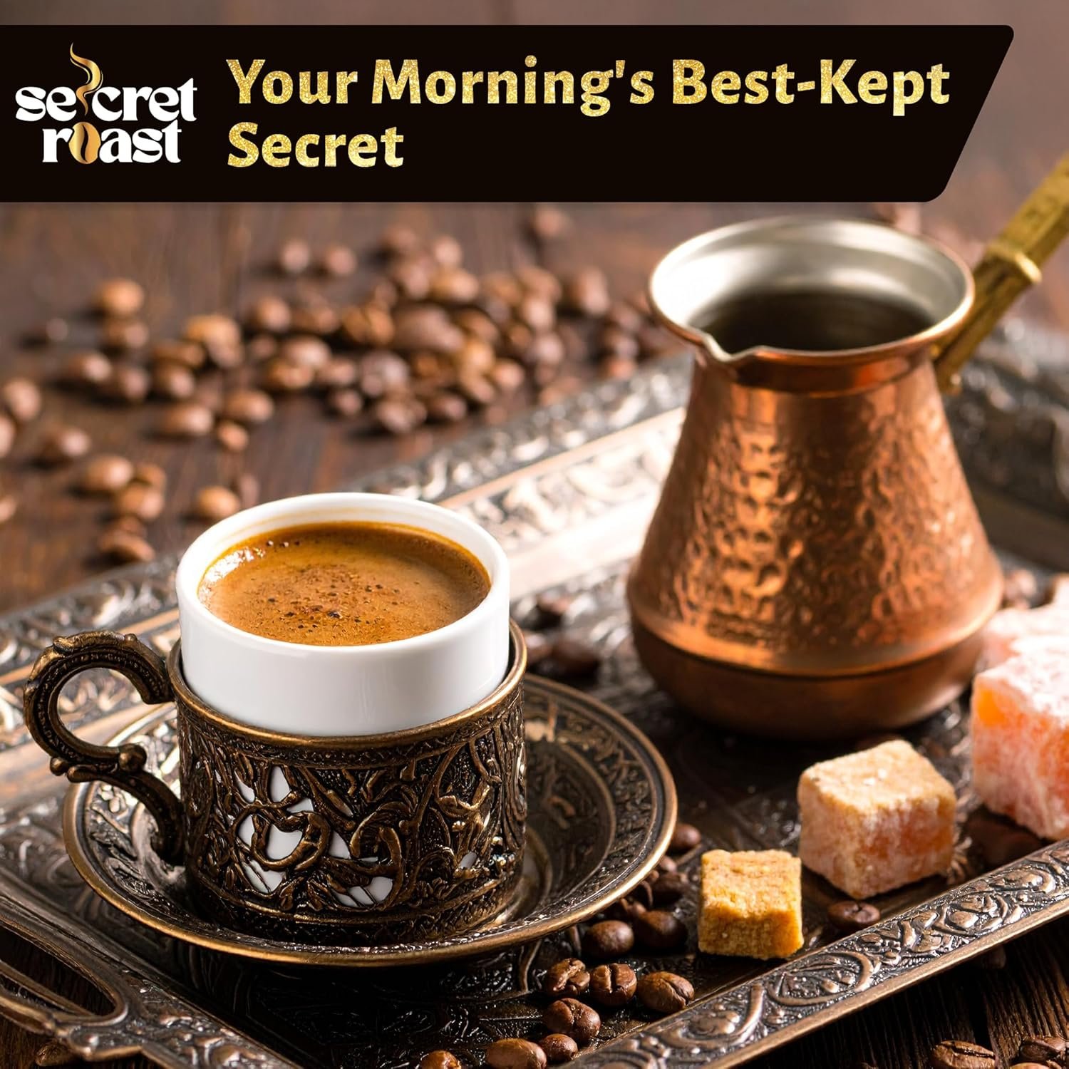 Traditional Turkish coffee served in a copper cezve — Secret Roast heritage